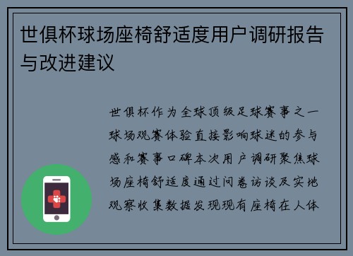 世俱杯球场座椅舒适度用户调研报告与改进建议