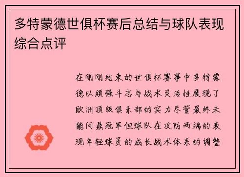 多特蒙德世俱杯赛后总结与球队表现综合点评