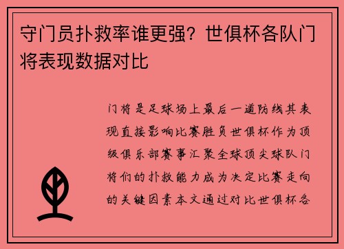 守门员扑救率谁更强？世俱杯各队门将表现数据对比