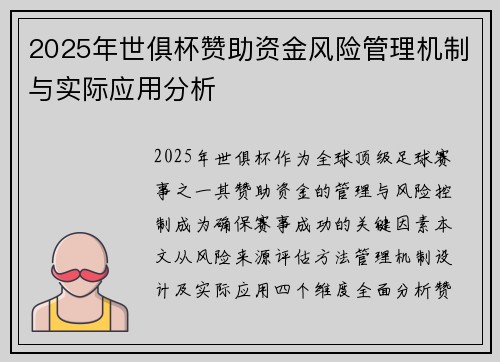2025年世俱杯赞助资金风险管理机制与实际应用分析