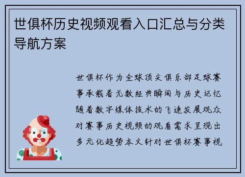 世俱杯历史视频观看入口汇总与分类导航方案